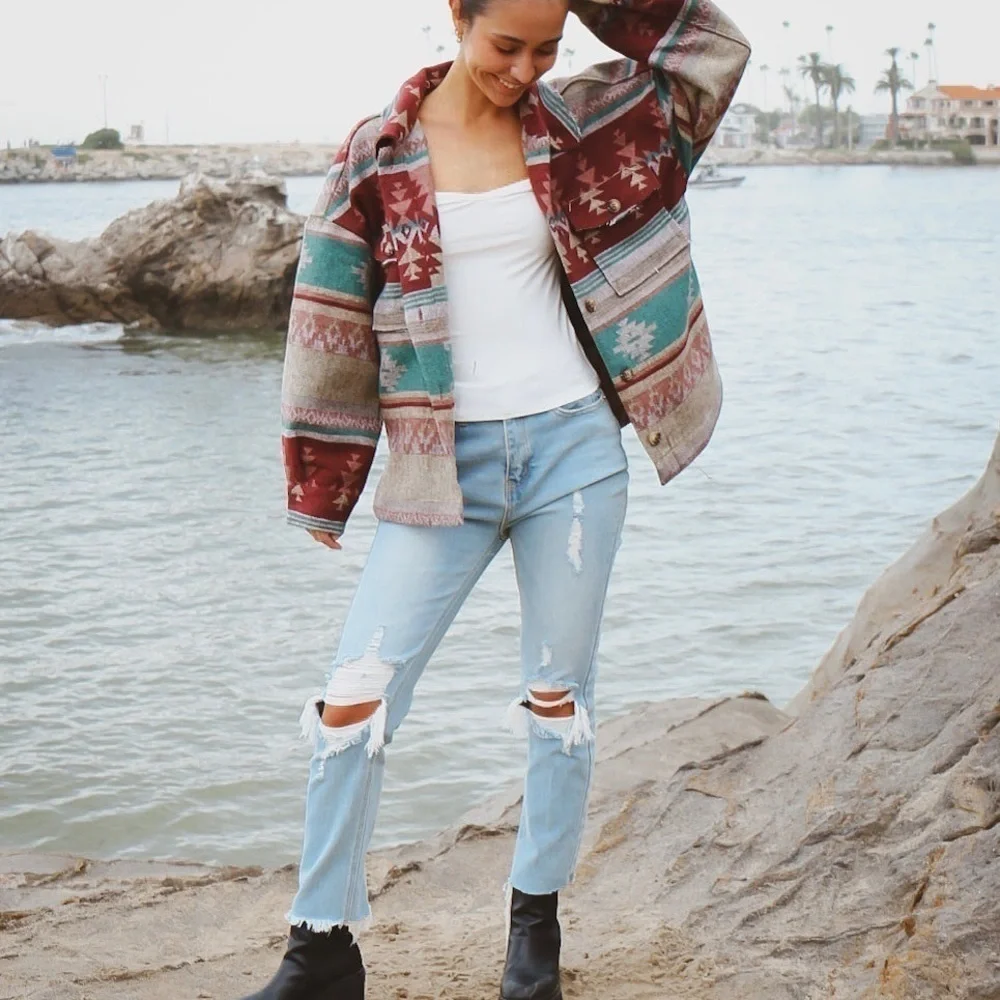 La Miel Size Small Aztec Shacket Western Shirt Jacket Frayed Hems Cowgirl